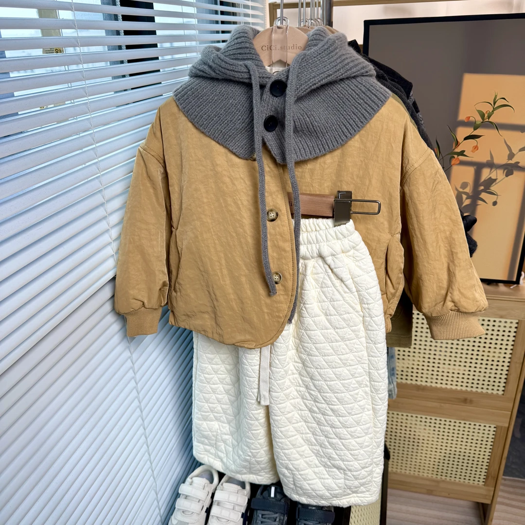 韩国童装2025新款男童夹棉加绒外套小男孩洋气百搭裤子棉服两件套