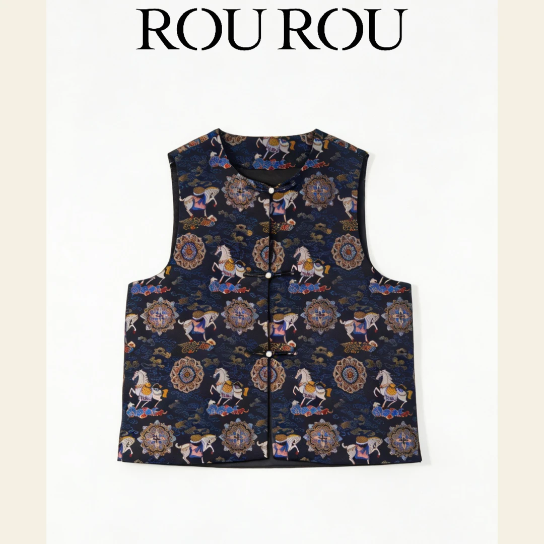 肉肉新中式【马上有福】真丝中式马甲80039