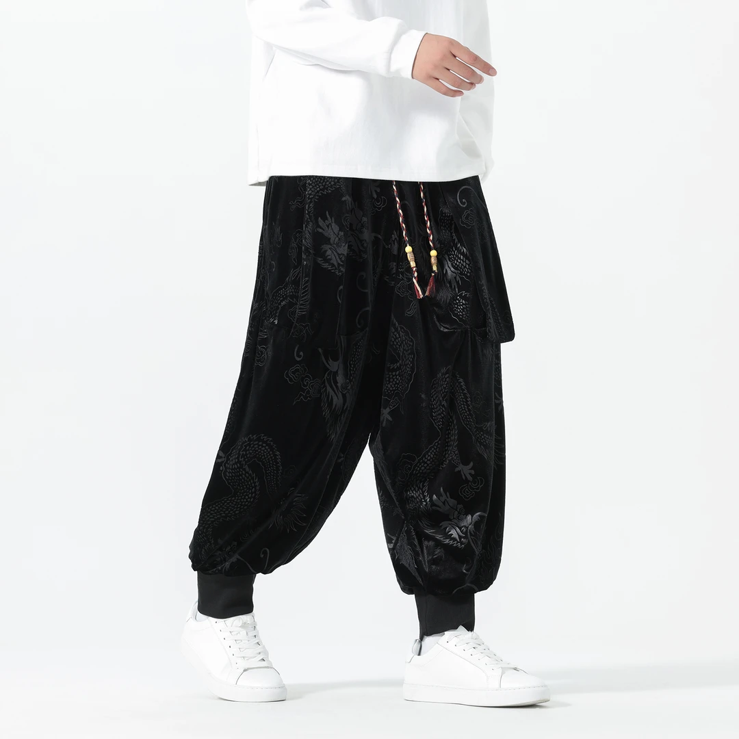 新中式龙纹金丝绒裤子男高级感重磅运动卫裤加大码肥佬束脚哈伦裤