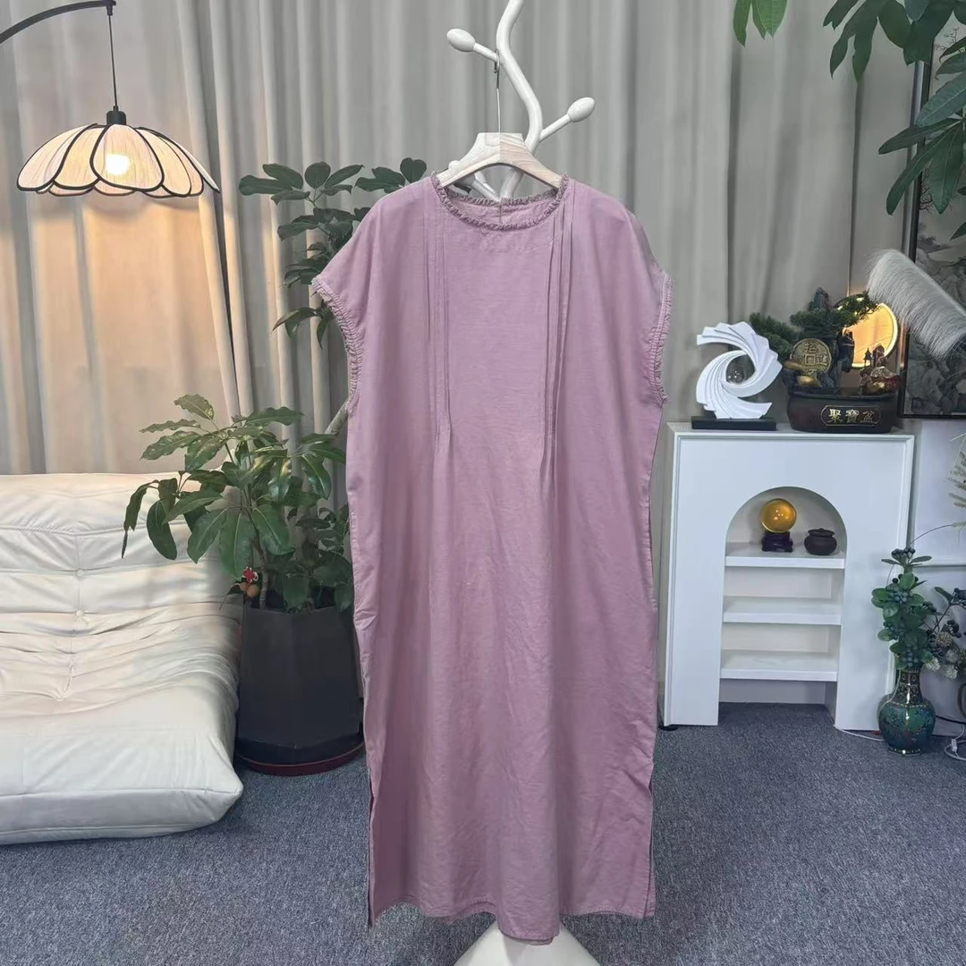 花璟与麻原创设计捏褶打杆木耳领飞袖连衣裙（裙长120胸围132）