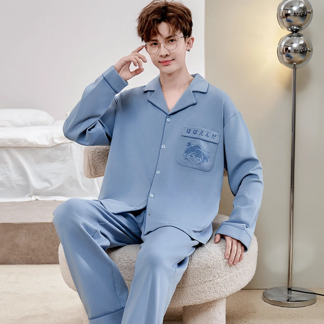 纯棉睡衣男士春秋季长袖韩版开衫青少年套装秋冬天加大码家居服薄
