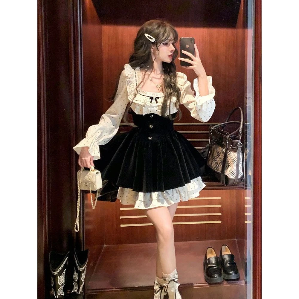 松露奶油 法式少女感方领连衣裙波点高级千金假两件拼色收腰短裙