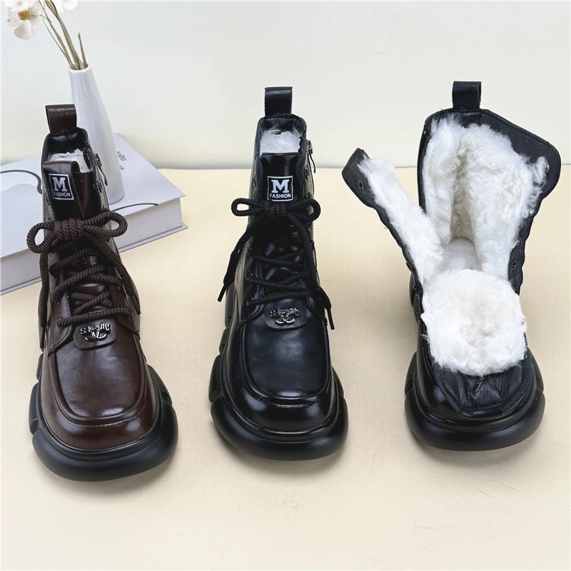 防滑秋冬保暖女平跟英伦风马丁靴棉靴软底软皮复古皮毛一体雪地靴