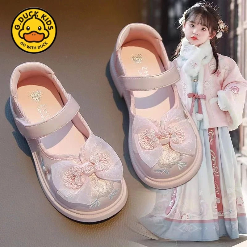 G.DUCK小黄鸭女童中式汉服鞋2025新款软底公主鞋春秋绣花国风时尚