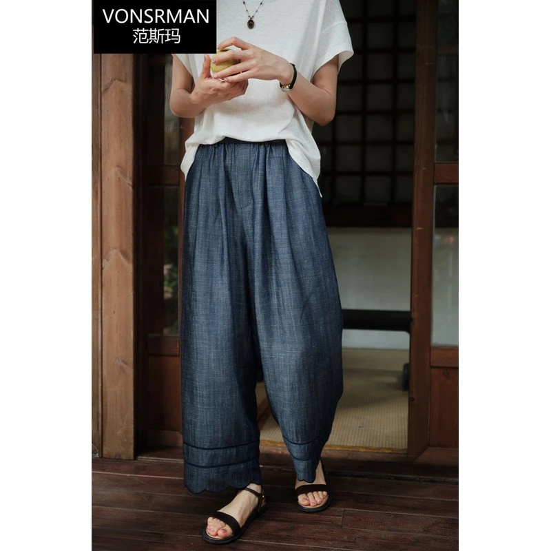 范斯玛「水折花」牛仔裤松紧腰花瓣裤日系风格女夏文艺阔腿裤宽松