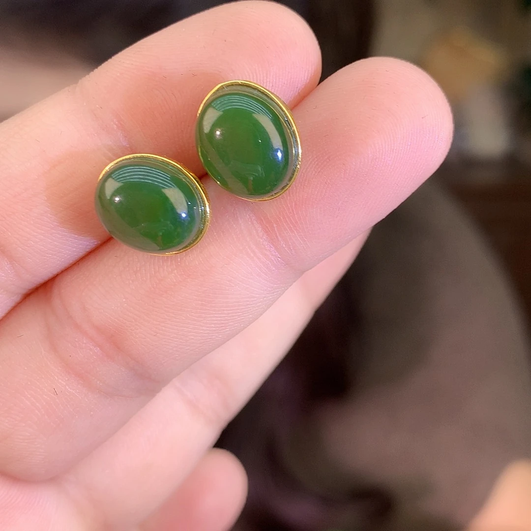 吊坠(不含链)银S925镶嵌和田玉（碧玉）耳饰