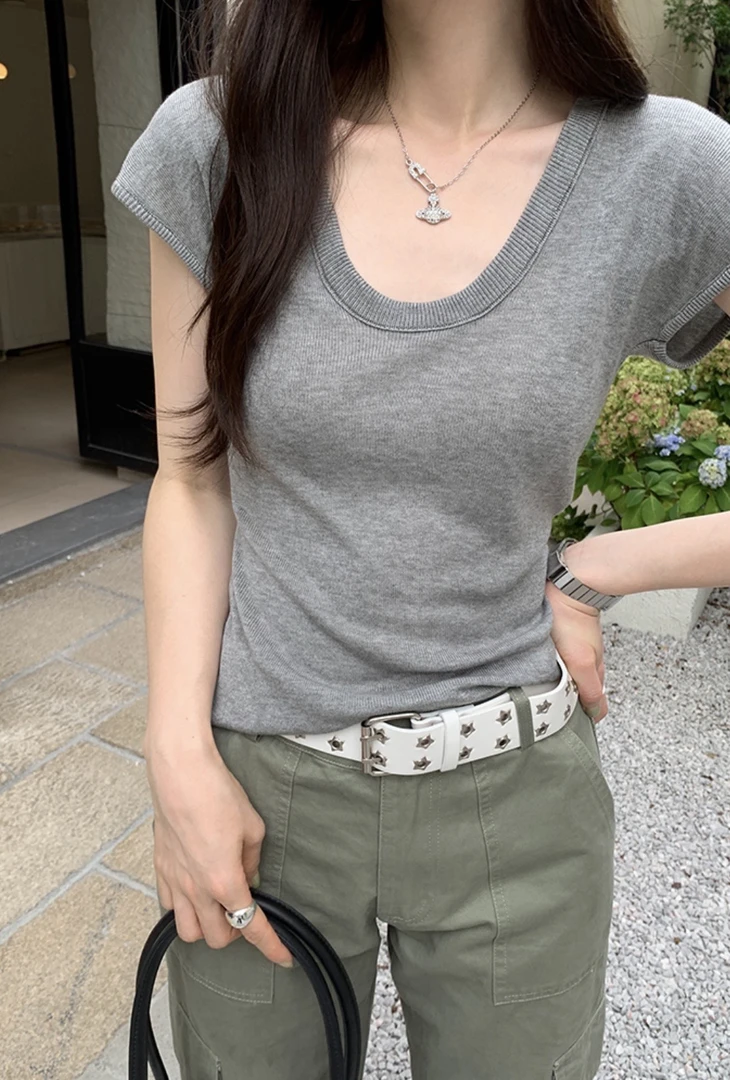 莱赛尔软糯薄款U领T恤女2025夏新款时尚气质无袖短款修身针织衫