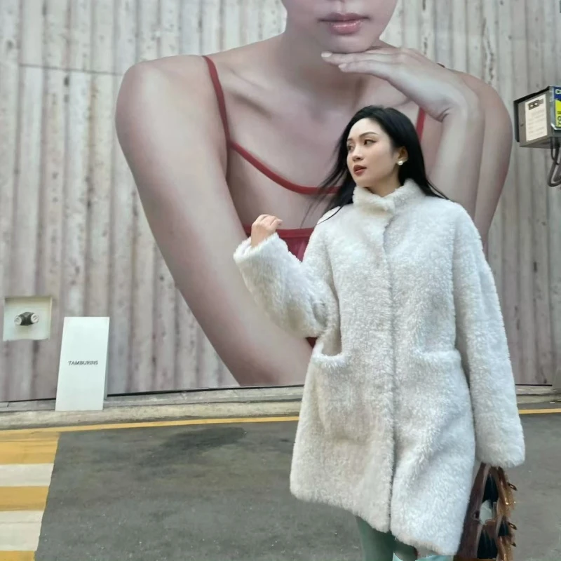 JUNJJ【山茶花】纯羊毛羊剪绒皮毛一体皮草中长冬季宽松圆领外套女