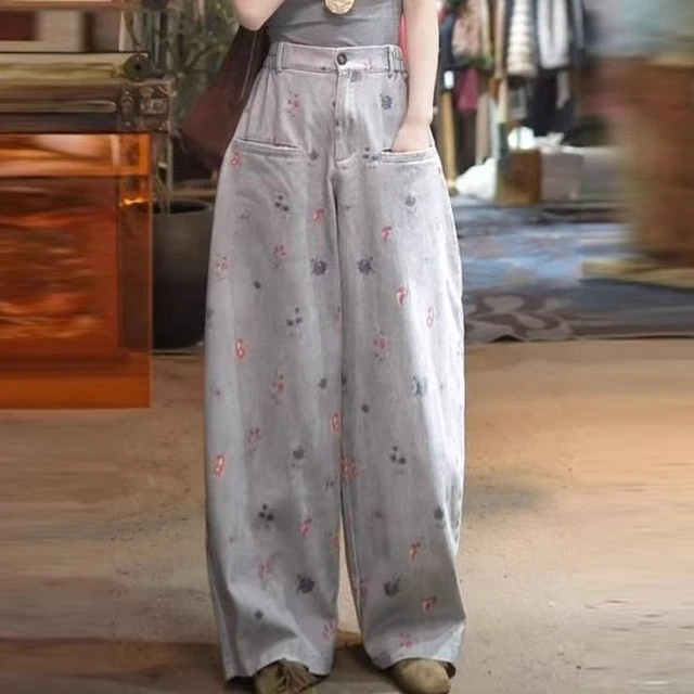 复古碎花阔腿牛仔裤女2025年新款高腰显瘦花卉减龄百搭直筒长裤子