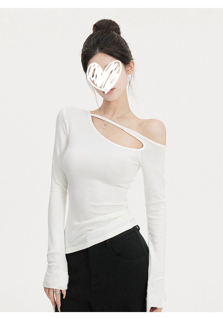 YIDENG 2024新款美式辣妹斜领不规则镂空修身显瘦长袖T恤上衣