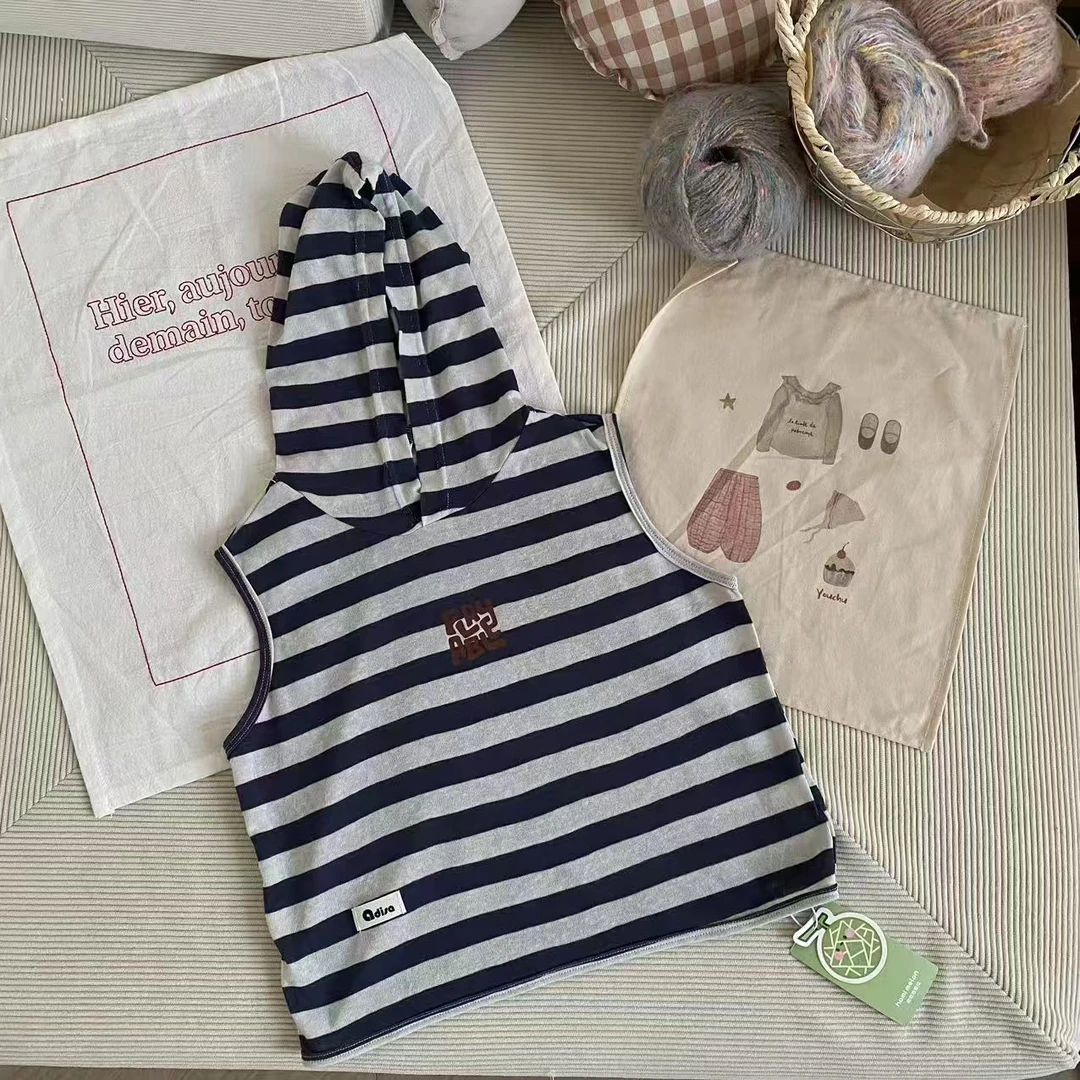 CS134-童装男童帅气条纹连帽马甲短袖夏季新款儿童宝宝背心T恤棉