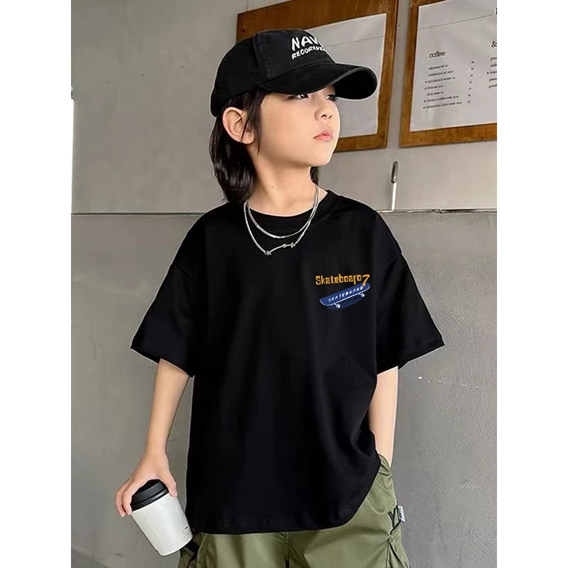 2025新款男童短袖t恤夏装宽松印花男烫印休闲T恤港风痞帅欧美风