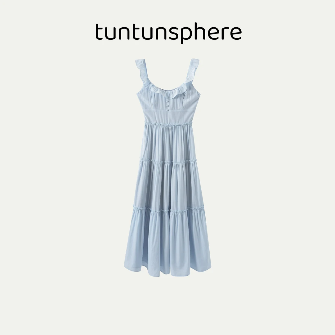 【坨坨 tuotuo】5/25新品 奶蓝布露 气质感木耳边叠叠裙摆连衣裙