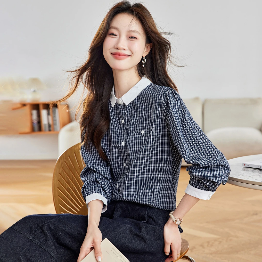 棉茧 拼色格子长袖衬衫女装2025年秋季新款宽松韩范百搭休闲衬衣