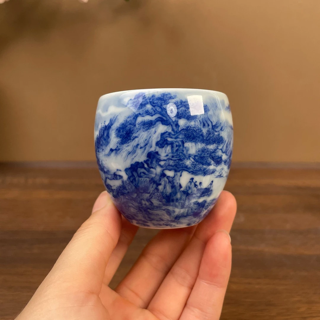 【九茗珍藏】林意青花釉下红四皓图龙蛋杯100cc 手工手绘景德镇茶具