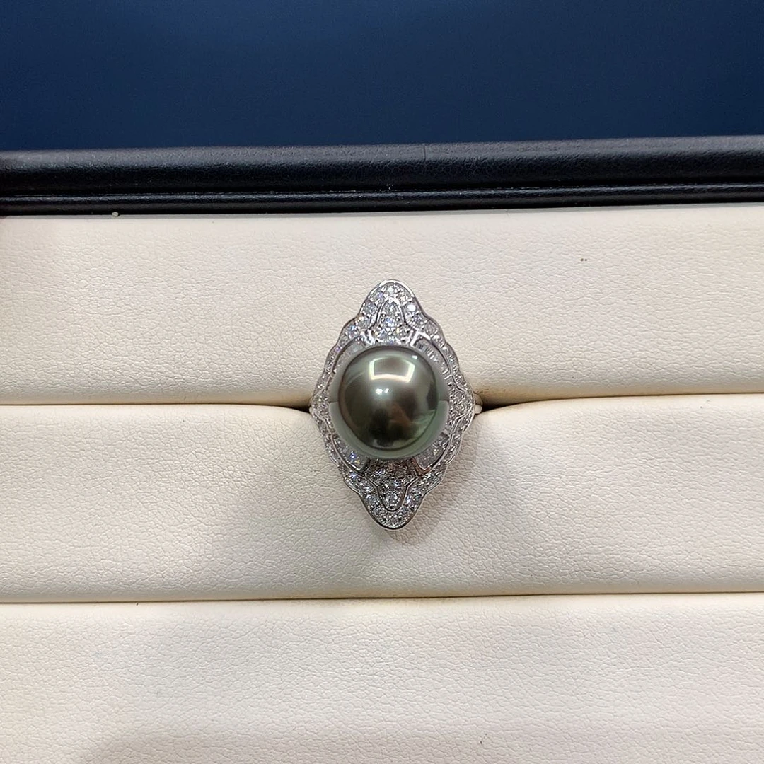 银S925镶嵌戒圈海水珍珠11.8mm大溪地森绿戒指