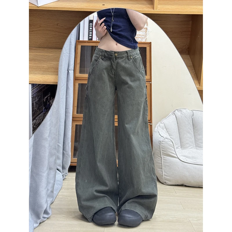 军绿色多口袋伐木工装裤男女夏季新款做旧百搭宽松阔腿弯刀牛仔裤