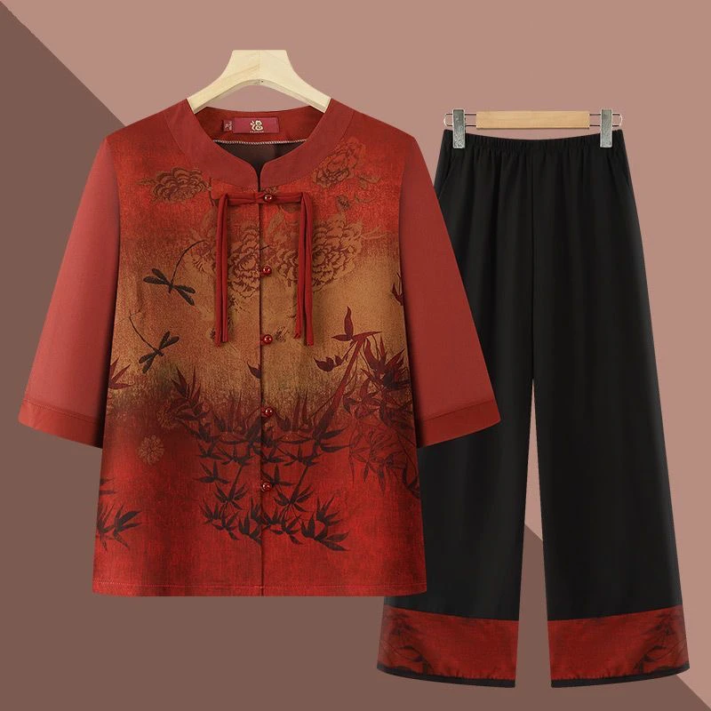 2025新款奶奶夏季套装中老年夏装七分袖衬衫妈妈装洋气老太太衣服