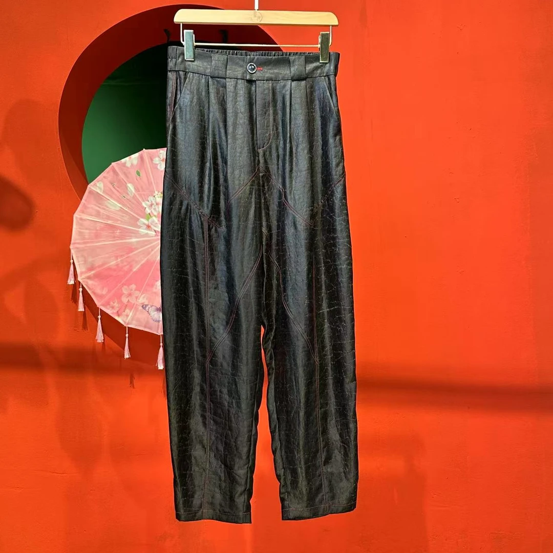 艾可原创 素平锻原色龟裂纹 哈伦裤  桑蚕丝香云纱 长100起