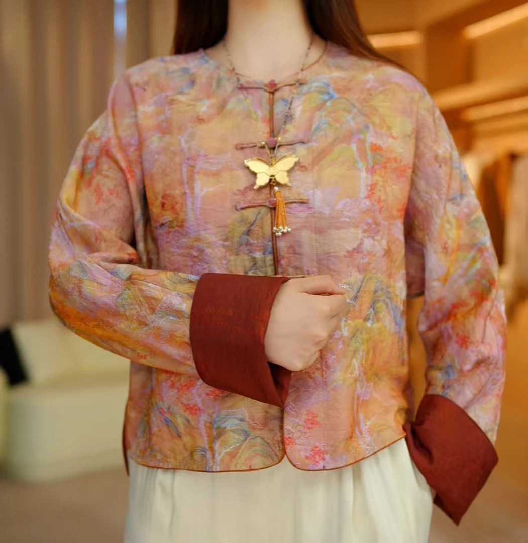 【双面穿&山水雅境】油丝浮光锦提花新中式盘扣短上衣宽松气质外套