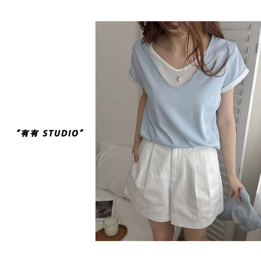 「假两件拼色T」韩系！领口拼接显瘦女士短袖T恤