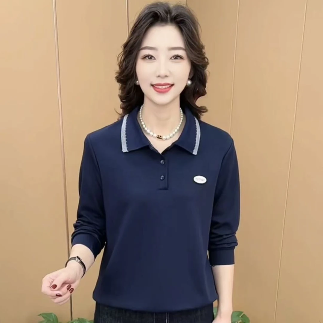 秋季新款时尚翻领简约气质妈妈装休闲显瘦百搭长袖打底上衣K2930