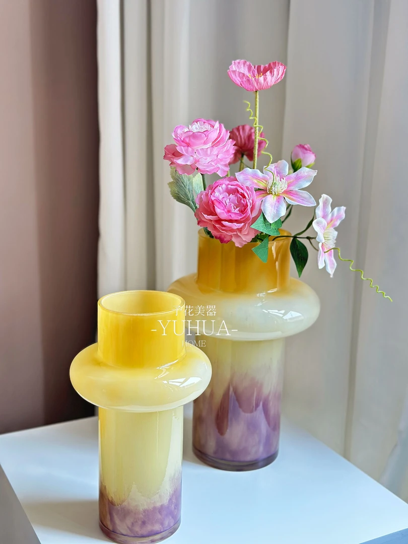 予花黄色奶玉棕肌理渐变高级中古花瓶手工琉璃新中式客餐厅摆件