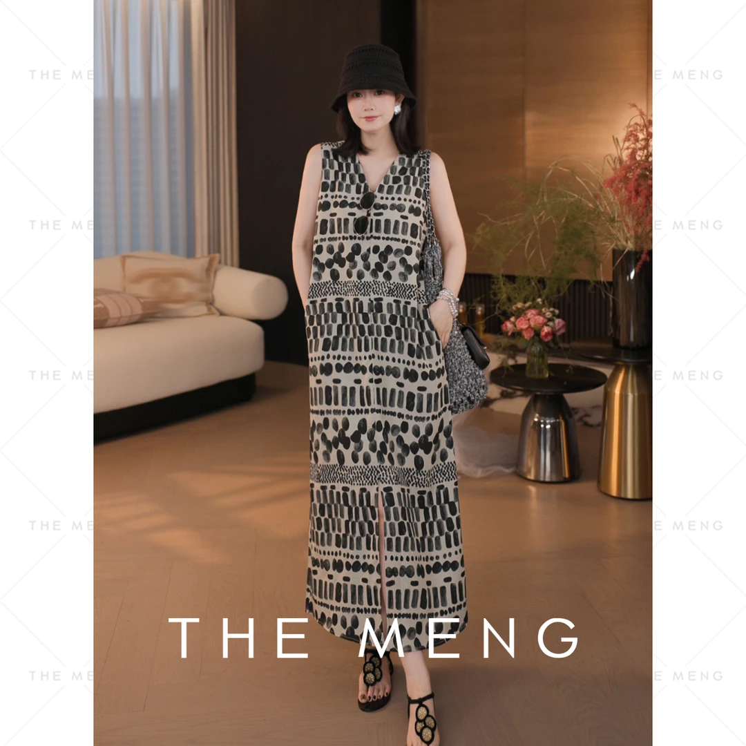 THE MENG【几何舞曲】天丝亚麻几何优雅通勤无袖连衣裙#M252G0604