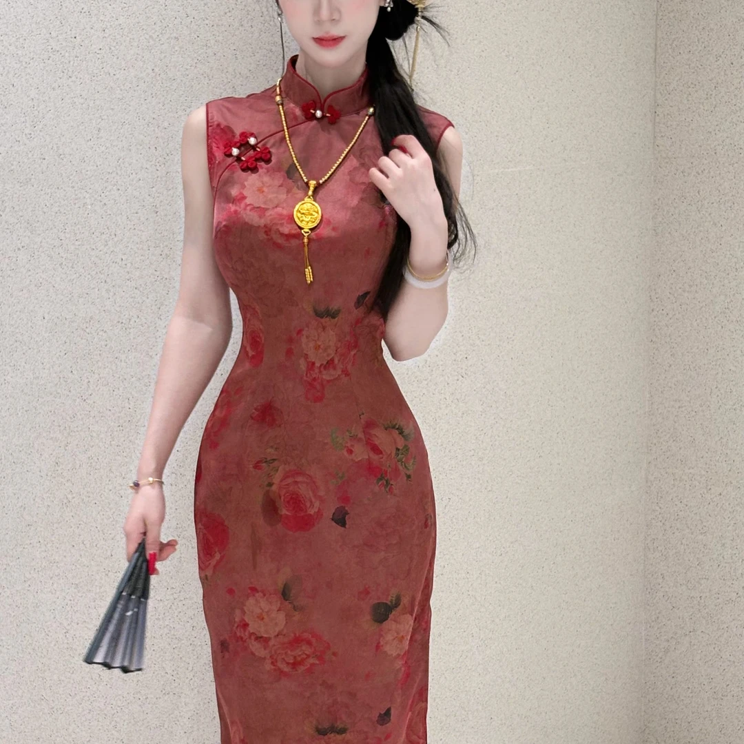 LHMknk1活动画报夫人原创自制江南风改良新中式旗袍 平替玫瑰红香