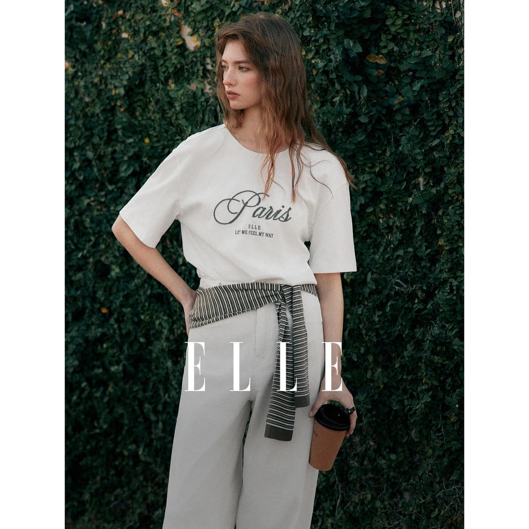 ELLE法式字母绣花圆领宽松T恤女2025春季新款设计感小众ET50573