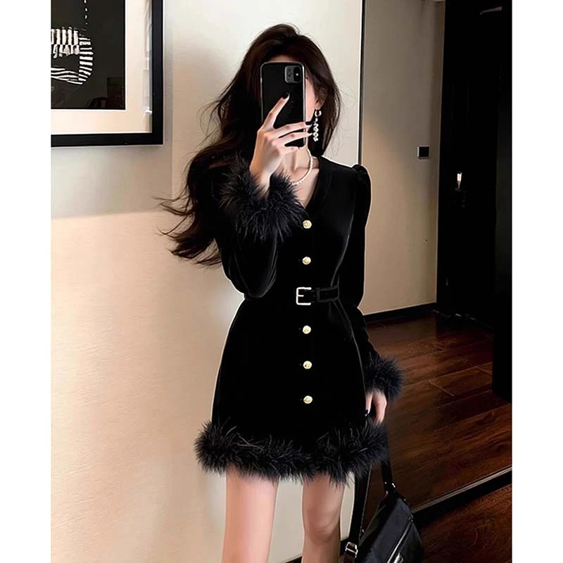 【V】【含腰带】裙子高端精致收腰法式轻熟小个子黑色连衣裙女TX0317