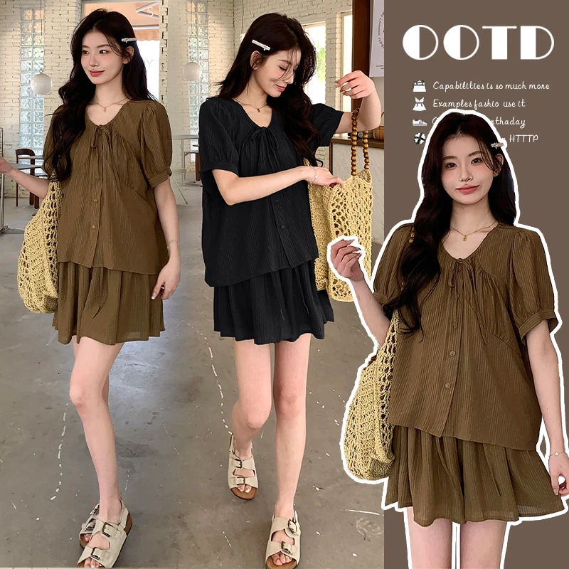 时髦孕妇装女夏装新款洋气外穿复古减龄短袖上衣宽松休闲短裤套装