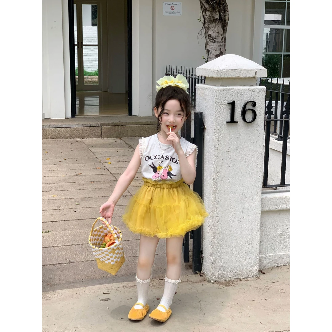 小粉象 ·女童2025夏季新款韩版可爱卡通印花短袖网纱半身裙套装