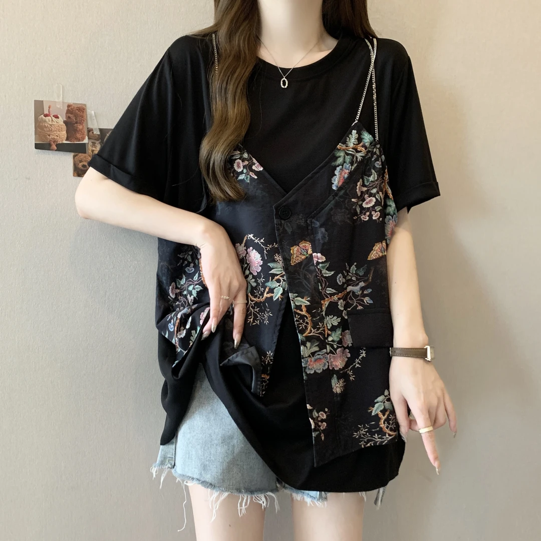 大码女装遮屁股新中式国风假两件短袖t恤女夏季胖mm宽松显瘦上衣