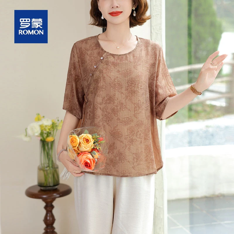 罗蒙中年妈妈装夏季衬衫大码洋气上衣中老年女装七分袖T恤衫套装