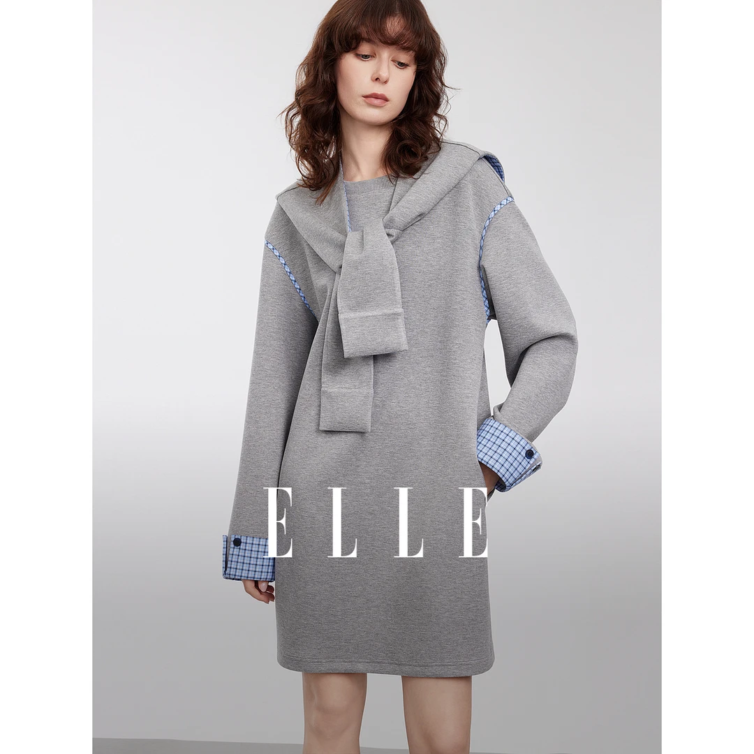 ELLE格纹拼接假两件连衣裙2025春季新款披肩简约EL50708