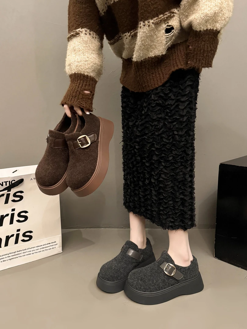 5cm厚底增高毛呢秀气2025冬新款懒人一脚蹬博肯鞋