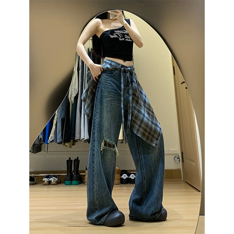 设计感复古格子屁帘阔腿破洞牛仔裤女秋季新款宽松显瘦直筒拖地裤