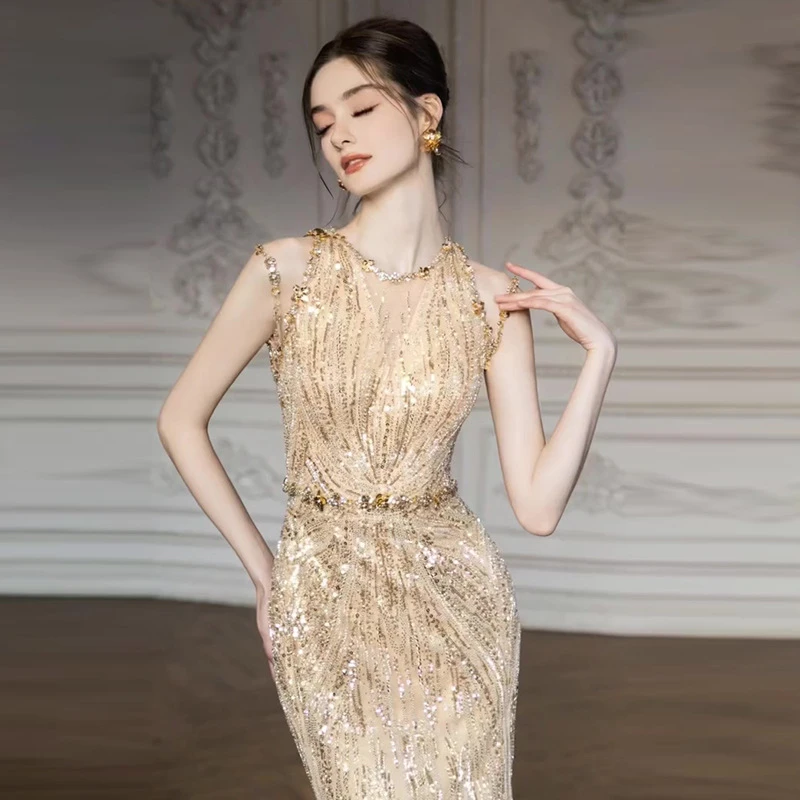 金色重工敬酒服2025新款宴会轻奢晚礼服气质名媛小众订婚鱼尾裙女