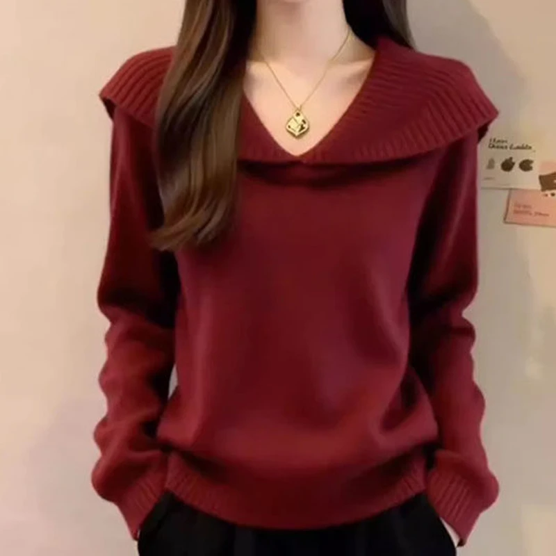 宽松显瘦内搭毛衣上衣2026洋气时髦打底衫高级感红色翻领针织衫女