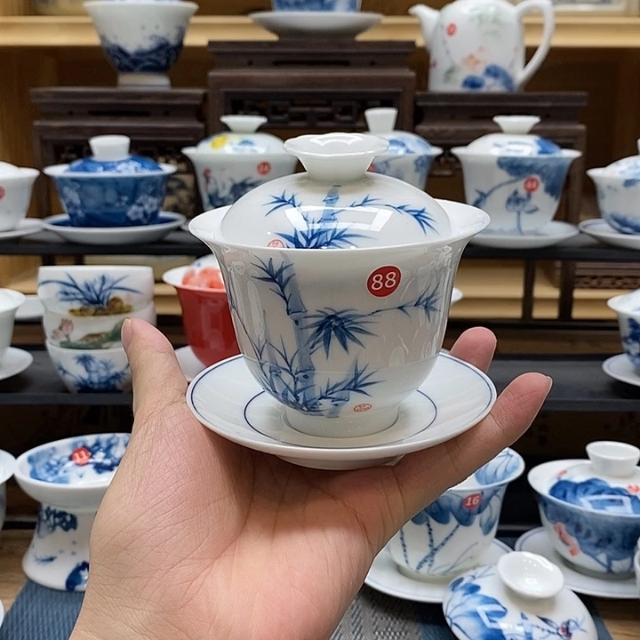 手绘竹子160盖碗釉下彩高温瓷微瑕福利款