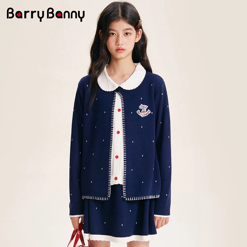 BarryBanny2025秋季新款外套女童针织开衫假两件娃娃领学院风套装