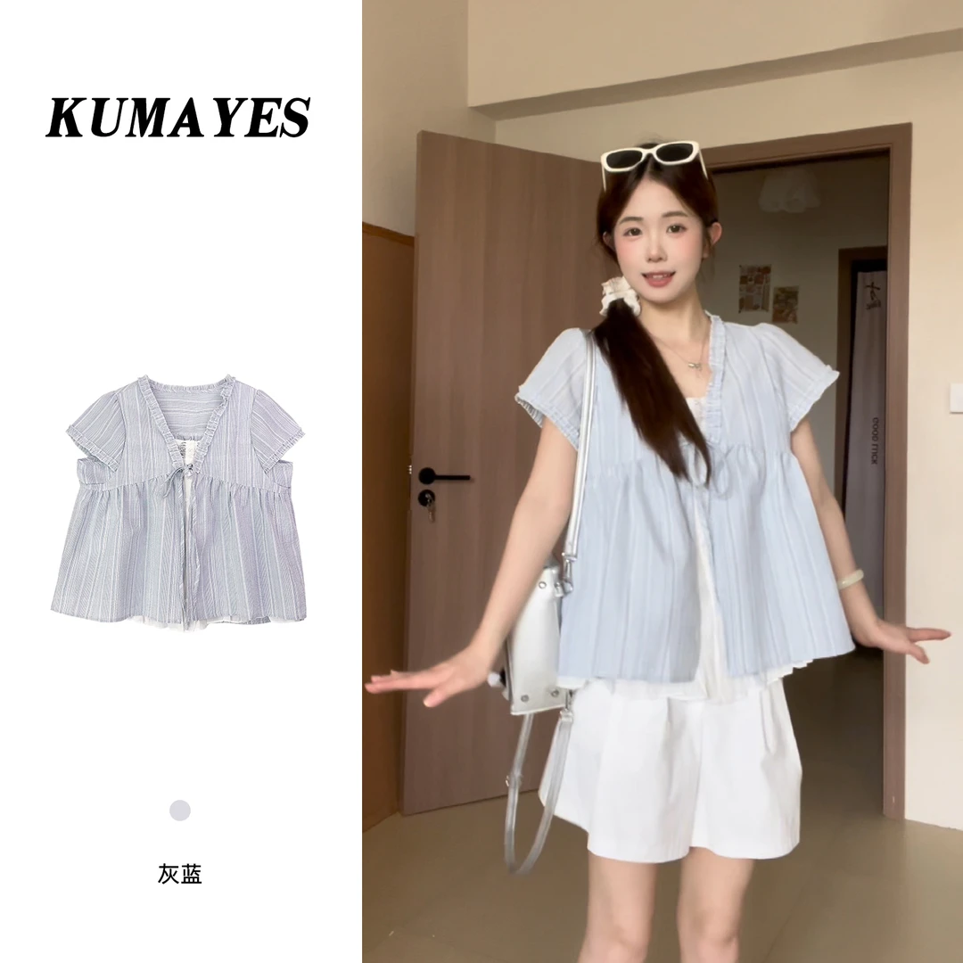 KUMAYES小清新假两件花边短袖衬衫女2025夏季新款小众宽松上衣