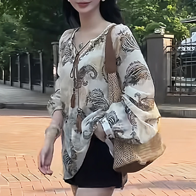 2025年夏季新款浪漫花稿夏季新款风印花百搭衬衫女长袖上衣