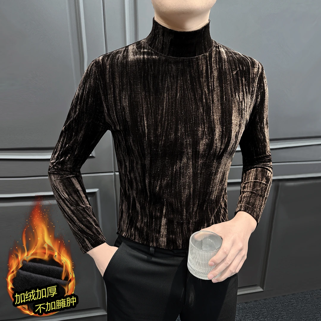 金丝绒男士长袖t恤暗纹高级感男装秋冬季加绒内搭保暖男款打底衫