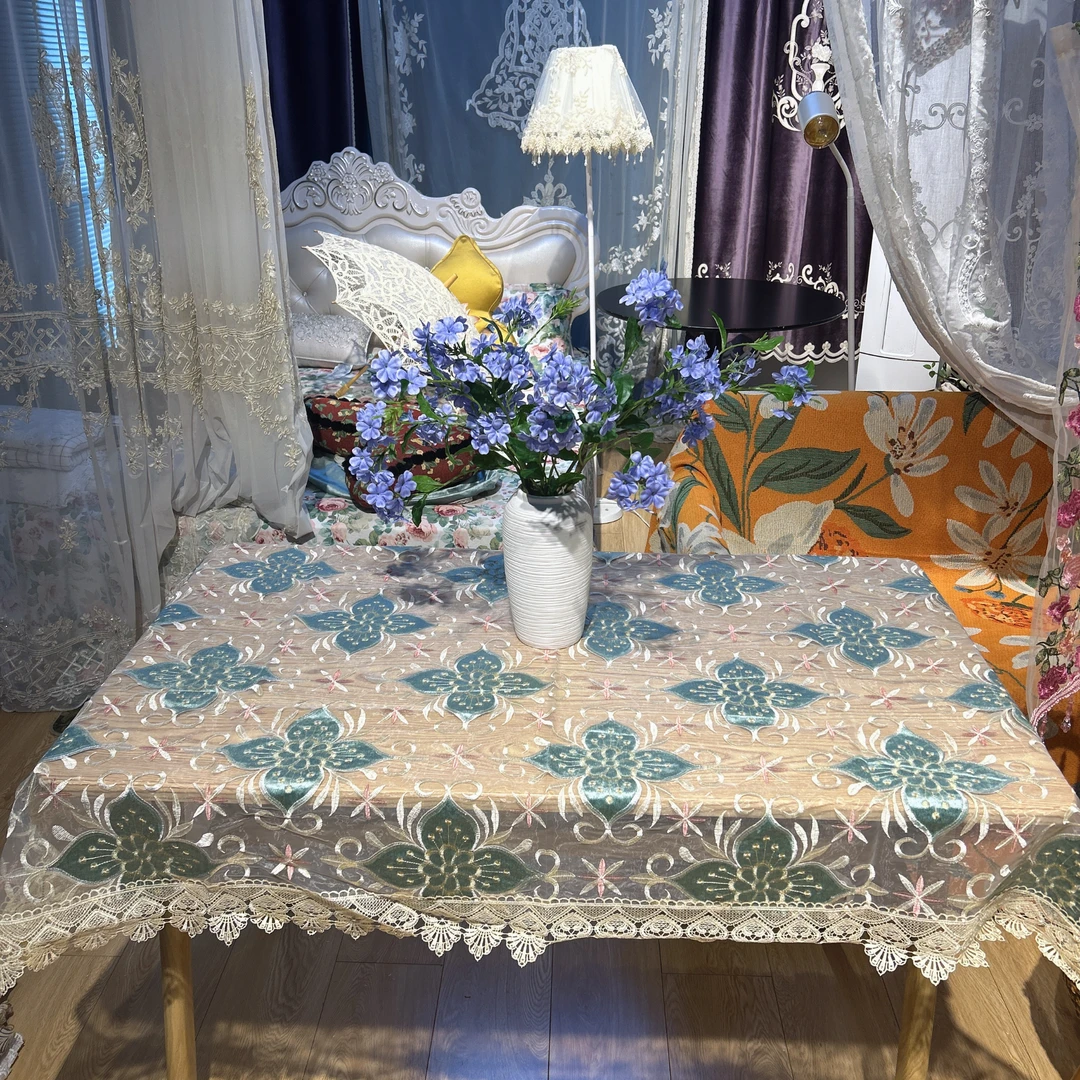 DY041-3-4玻璃纱（110*160cm）蓝色四叶大花瓣花蕊多功能桌布