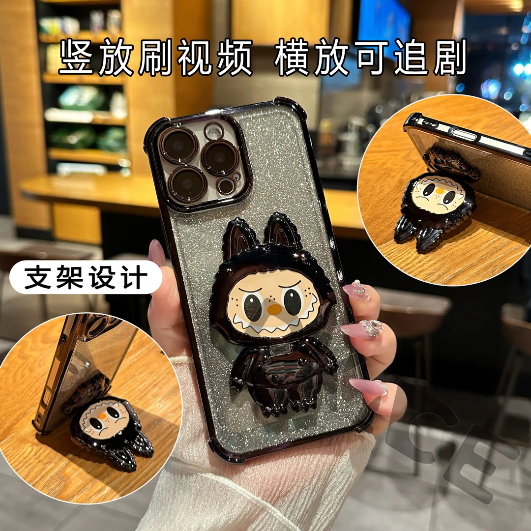 适用苹果oppo华为vivo手机壳新款网红镜子支架闪粉电镀四角防摔套