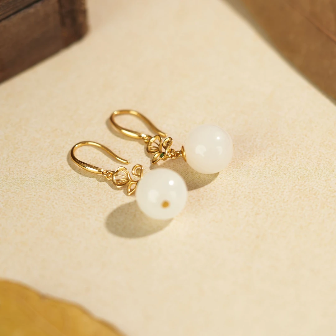 L【玉氏珠宝】925银和田玉圆珠耳钩-约12mm 多样性发一 CAN820877