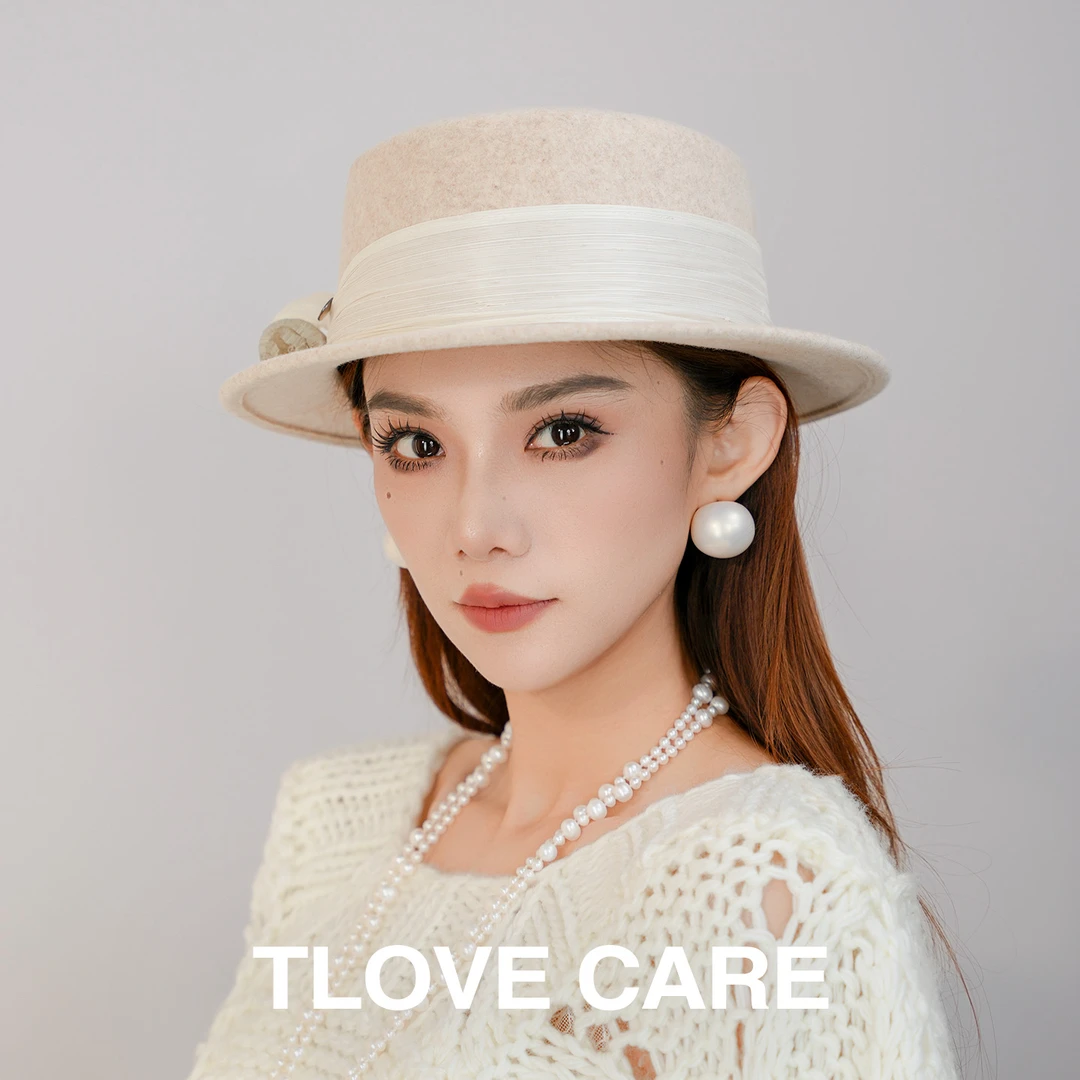 9860平沿帽女士秋冬季新款逛街出游韩版羊毛毡礼帽气质真丝麻潮帽