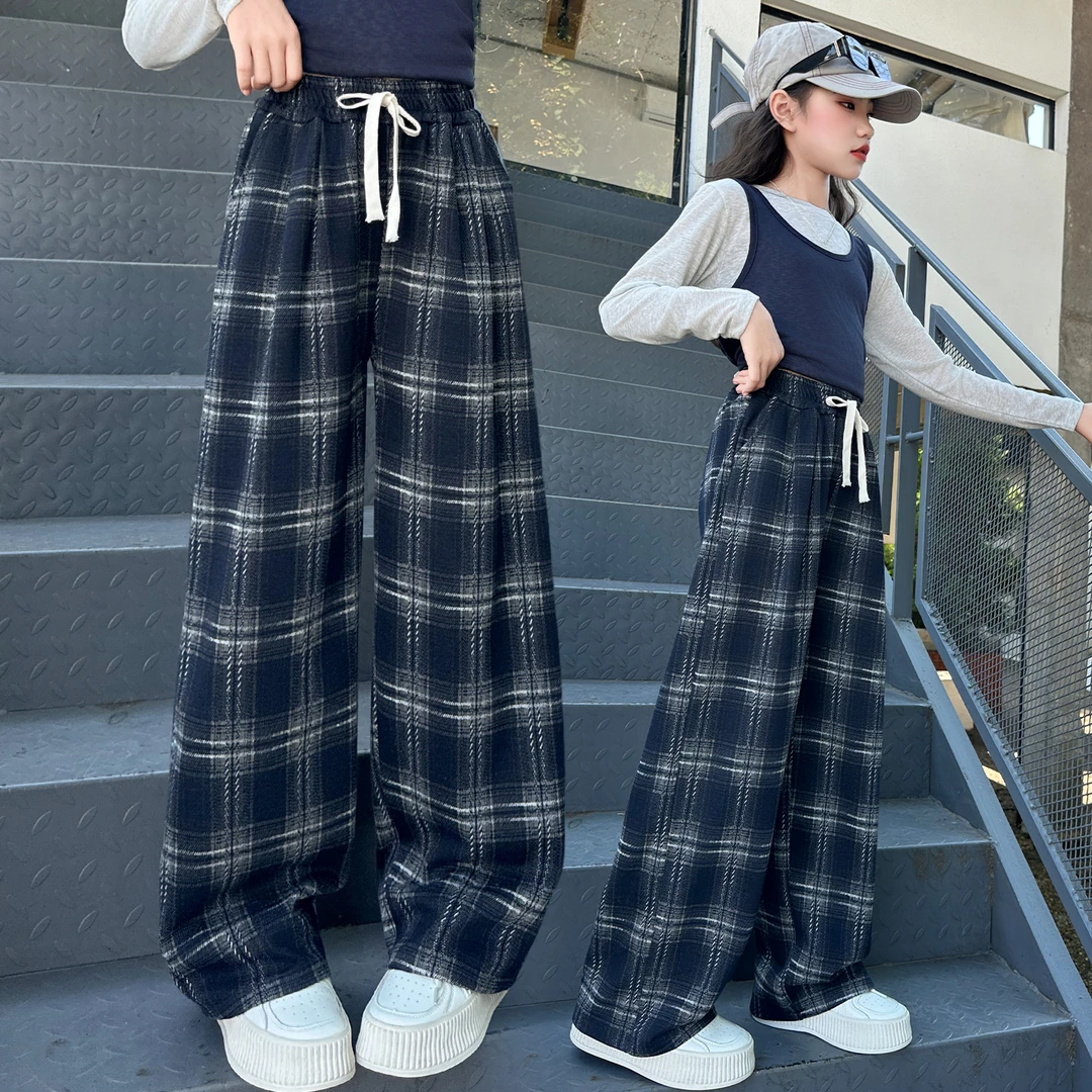 女童休闲裤春秋款2025新款女孩格子裤阔腿洋气显瘦大童秋季裤子潮